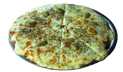 Pizza muzzarella con olivas verdes y orégano